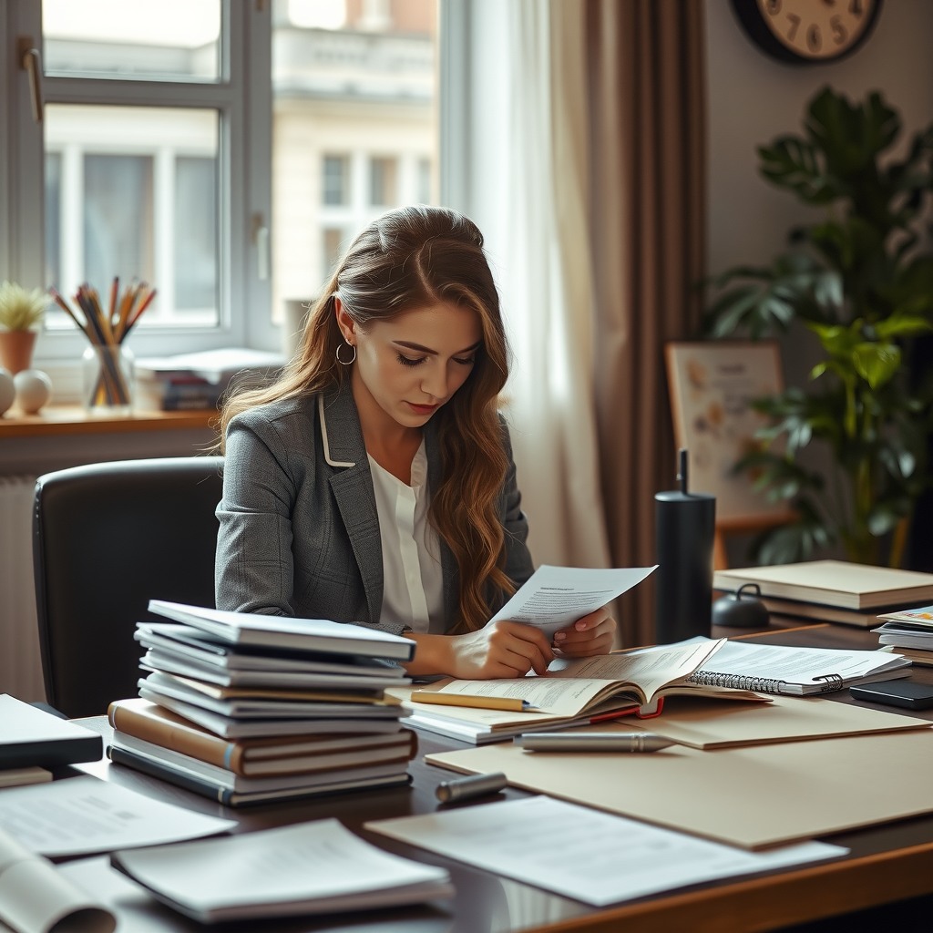 Photo-realistic editorial photography, realistic scene representing a woman organizing documents at table