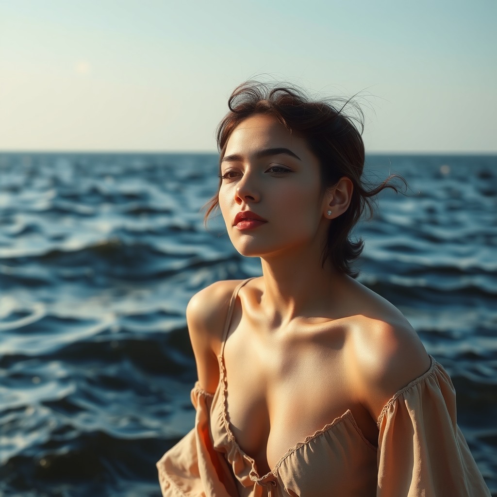 Photo-realistic editorial photography, realistic scene representing calm sea