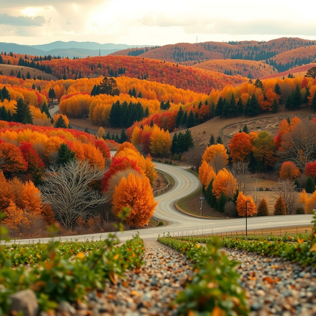 Photo-realistic editorial photography, realistic scene representing autumn hills
