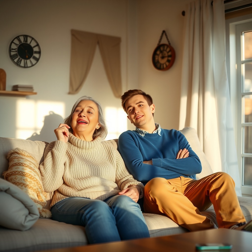 Photo-realistic editorial photography, realistic scene representing a couple relaxing after housework