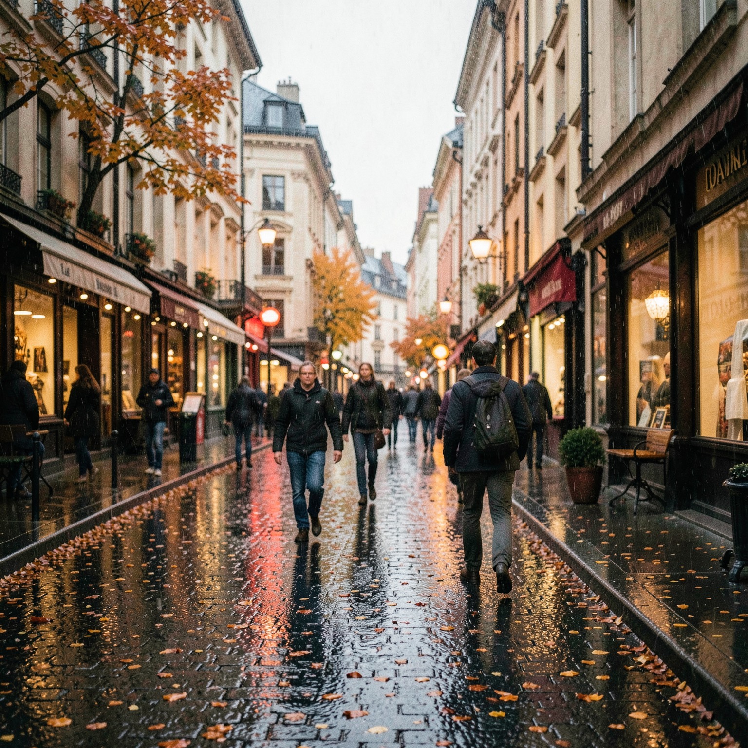 Cozy autumn street in Europe during rain, cinematic photography style