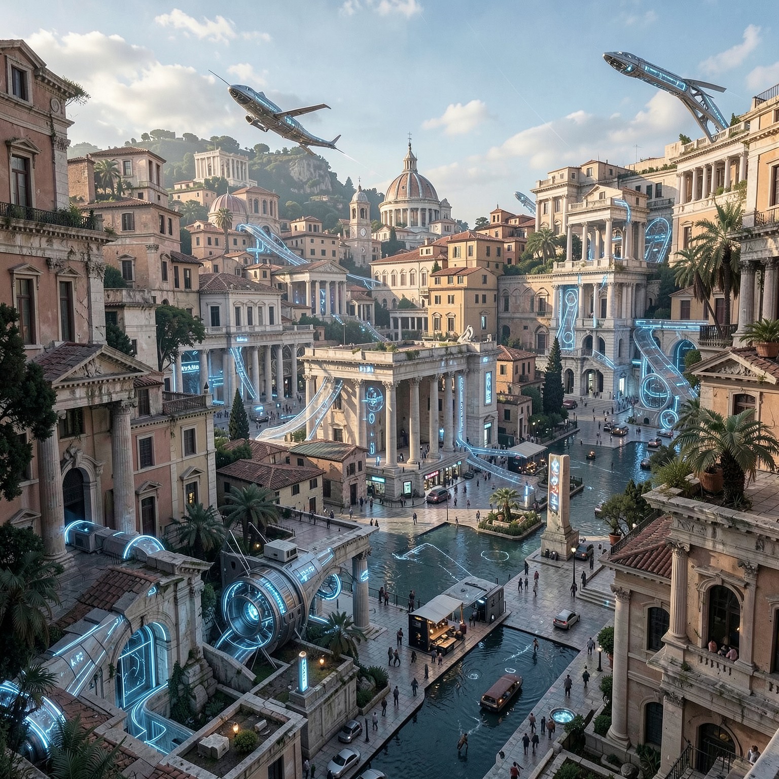 Ancient Roman city with futuristic technology