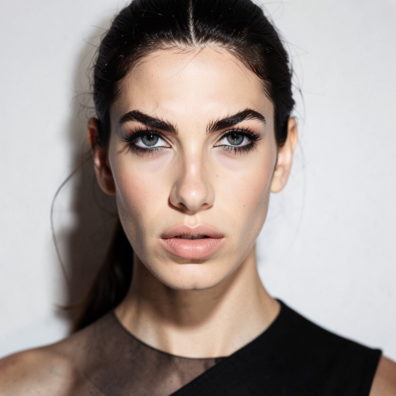 Vogue-style portrait with intense eye contact and minimalistic background
