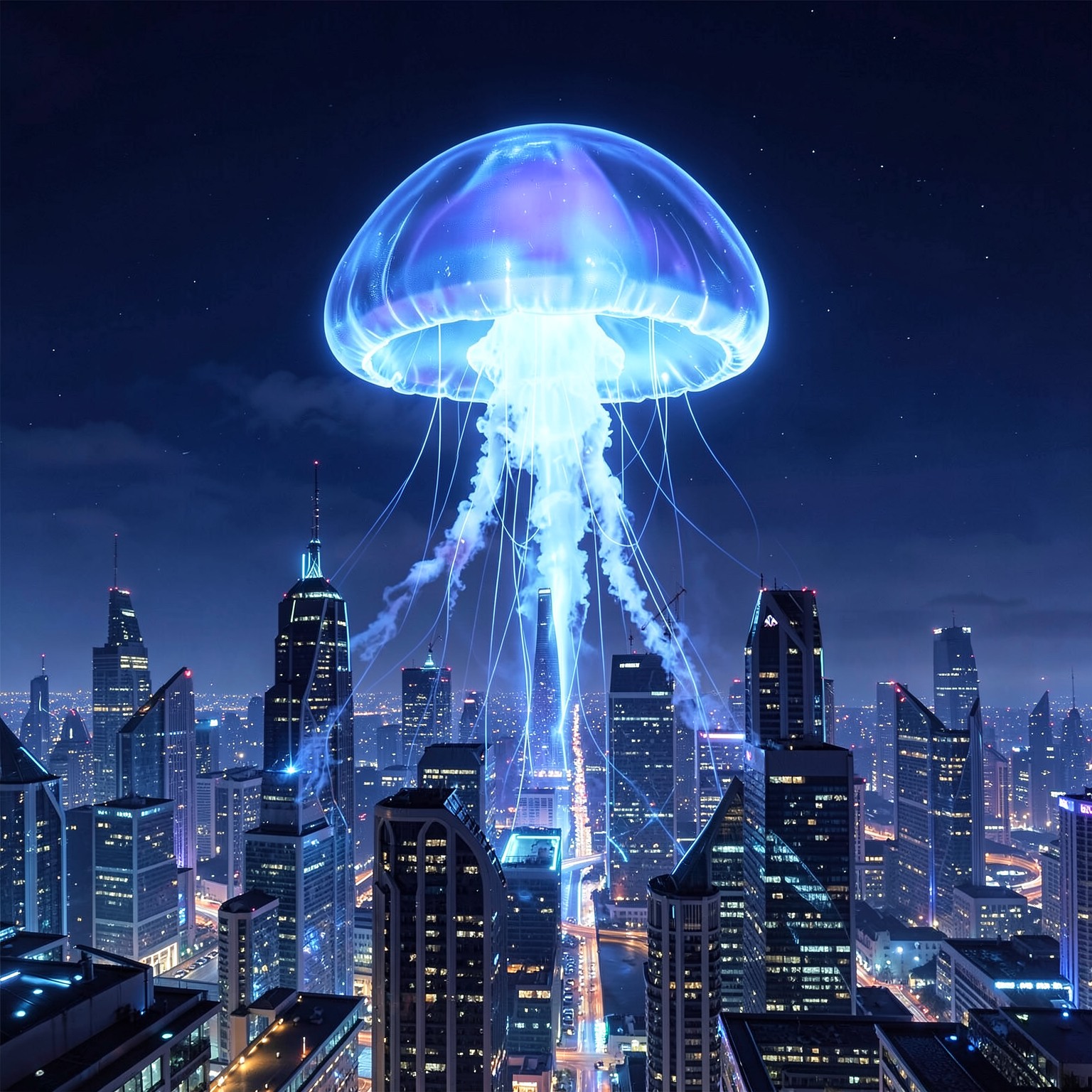 giant glowing jellyfish floating above a futuristic city skyline at night
