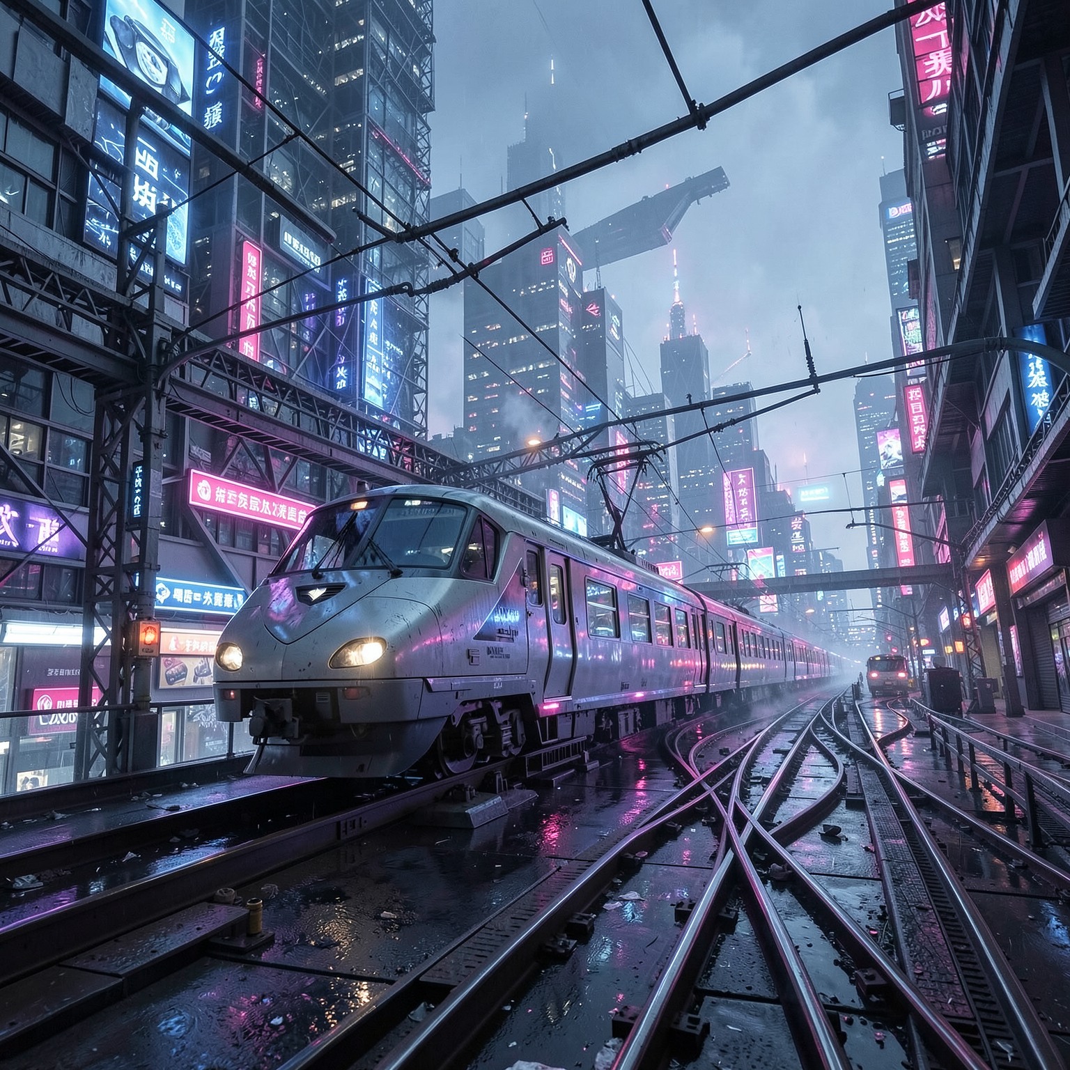 futuristic train crossing glowing cyberpunk megacity