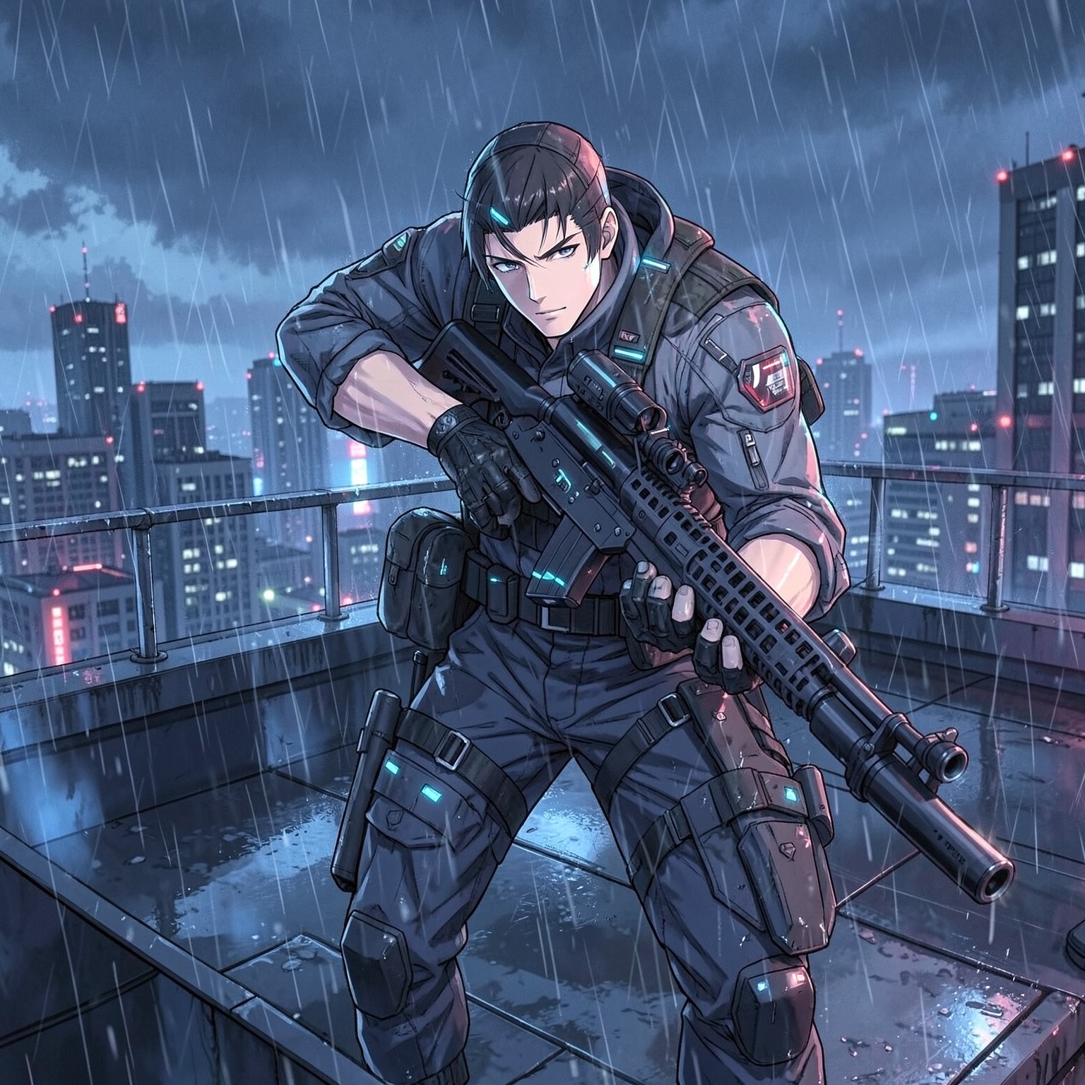 anime cyberpunk sniper on rooftop during rain