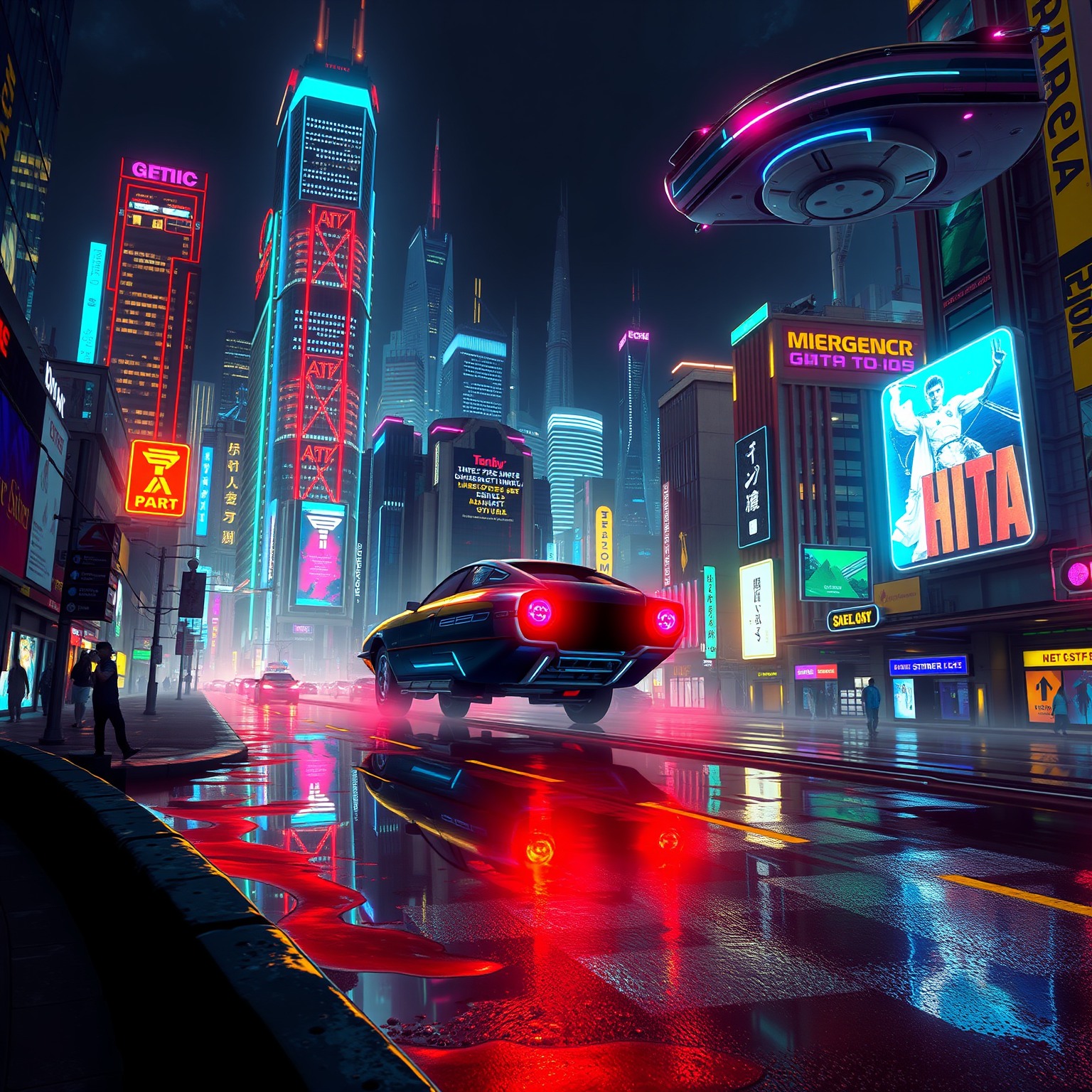 A cyberpunk cityscape at night, featuring neon-lit skyscrapers and bustling streets, with futuristic vehicles hovering above, reflecting vibrant colors in puddles on the ground.