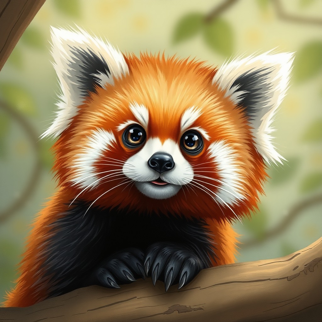 curious red panda, storybook style, big sparkling eyes