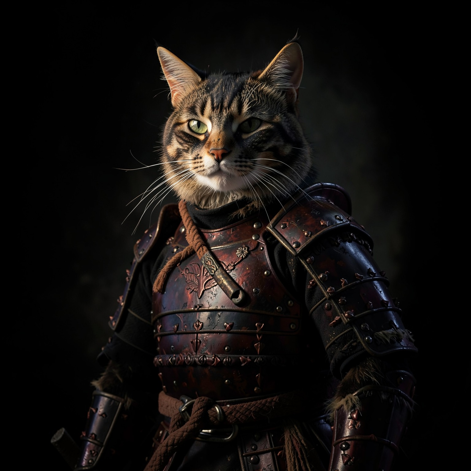 Samurai cat wearing traditional armor, dramatic lighting