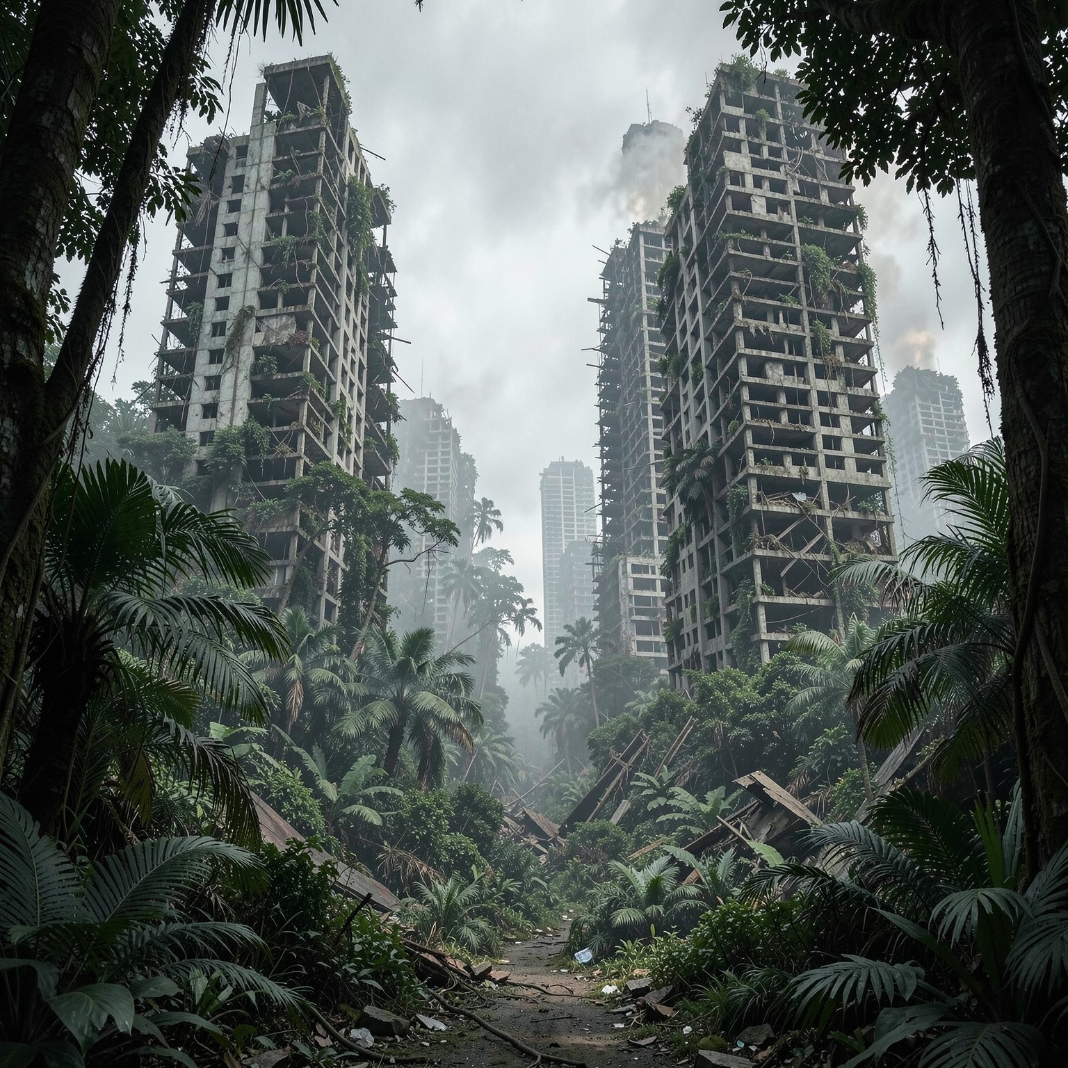 Post-apocalyptic jungle reclaiming abandoned skyscrapers, ultra realistic