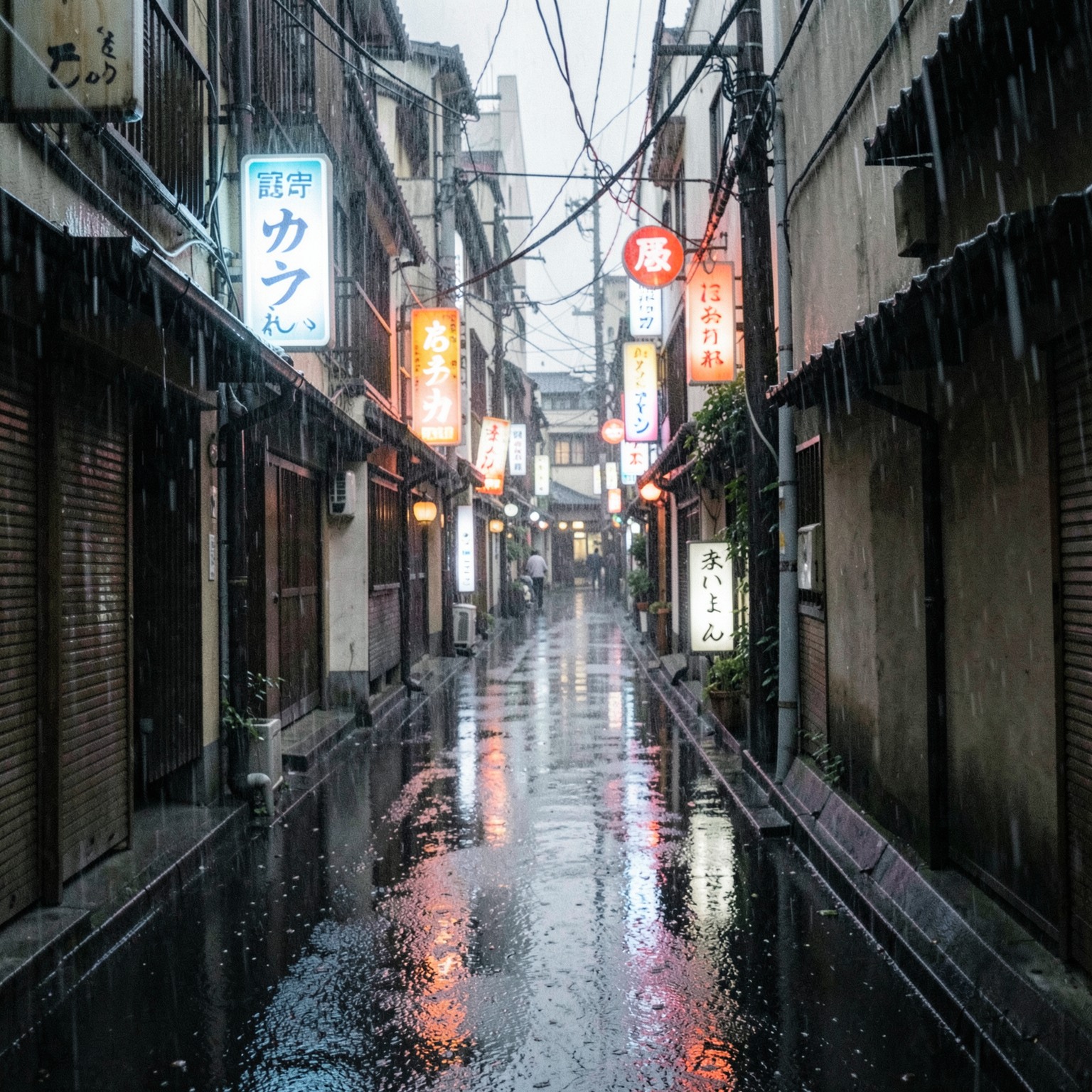 Japanese alley in heavy rain with neon reflections