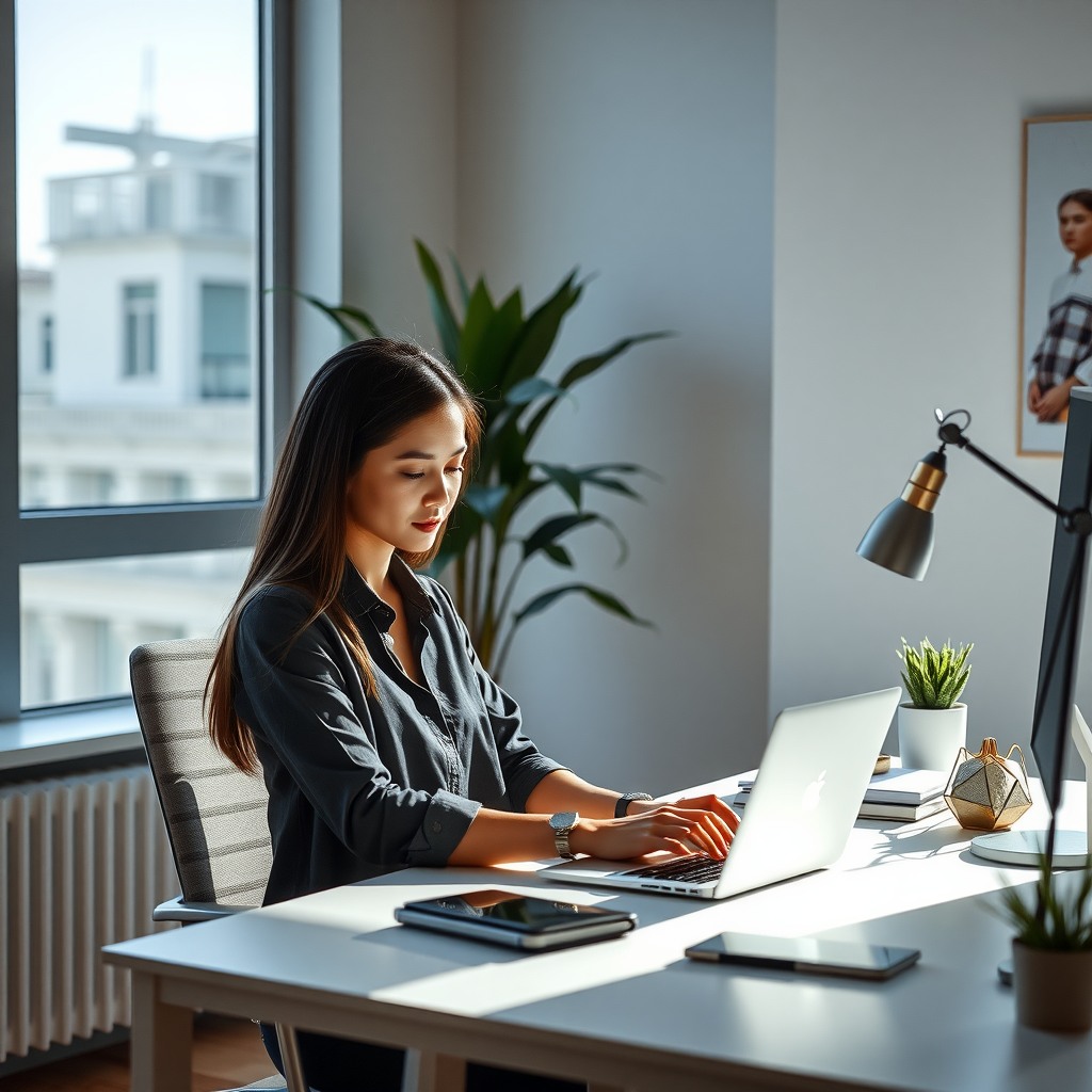 Photo-realistic editorial photography, realistic scene representing a modern home office with a professional working on a laptop, natural daylight from window, clean desk, minimal interior, sharp focus
