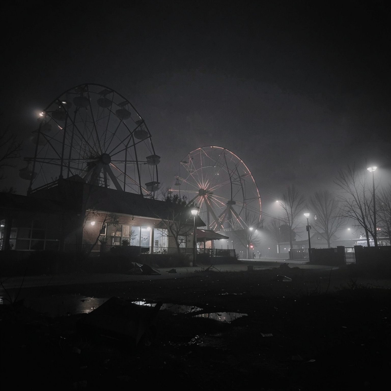 abandoned amusement park at night with fog and broken lights