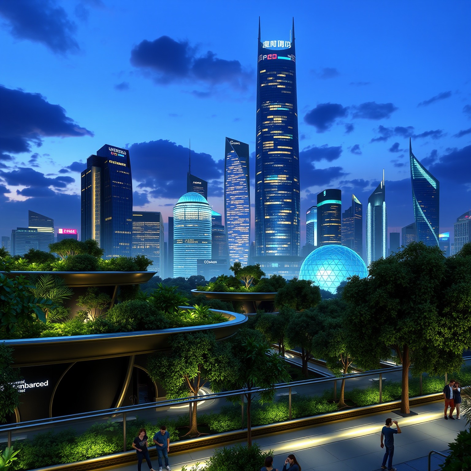 A vibrant city skyline at dusk with greenery and people outdoors