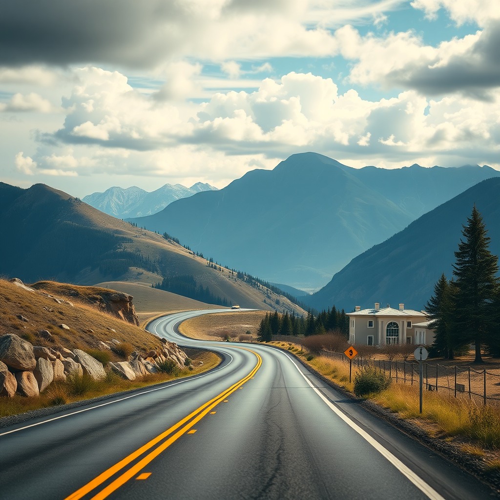 Photo-realistic editorial photography, realistic scene representing mountain road panorama