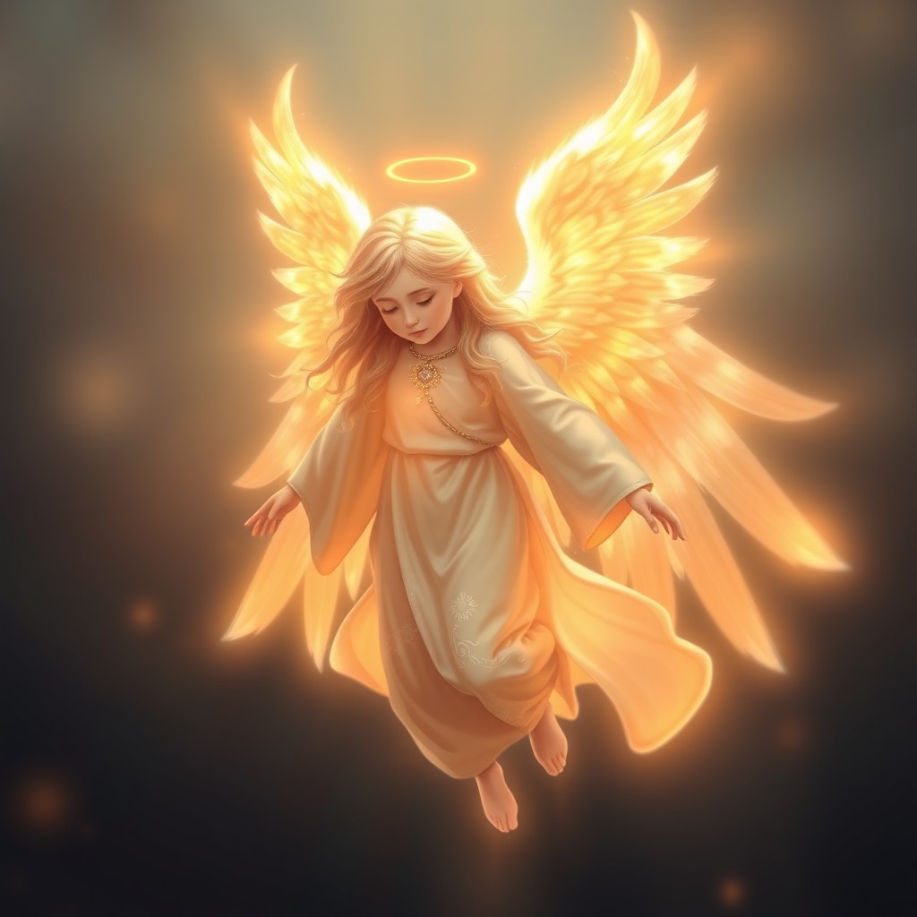 angelic character with glowing wings, soft heavenly light