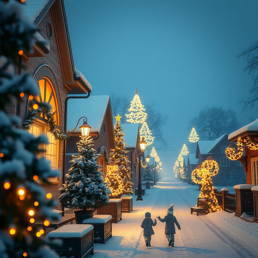 Ultra-detailed cinematic Christmas scene, cozy winter atmosphere, warm golden lights, snow gently, photorealistic cinematic, cinematic lighting