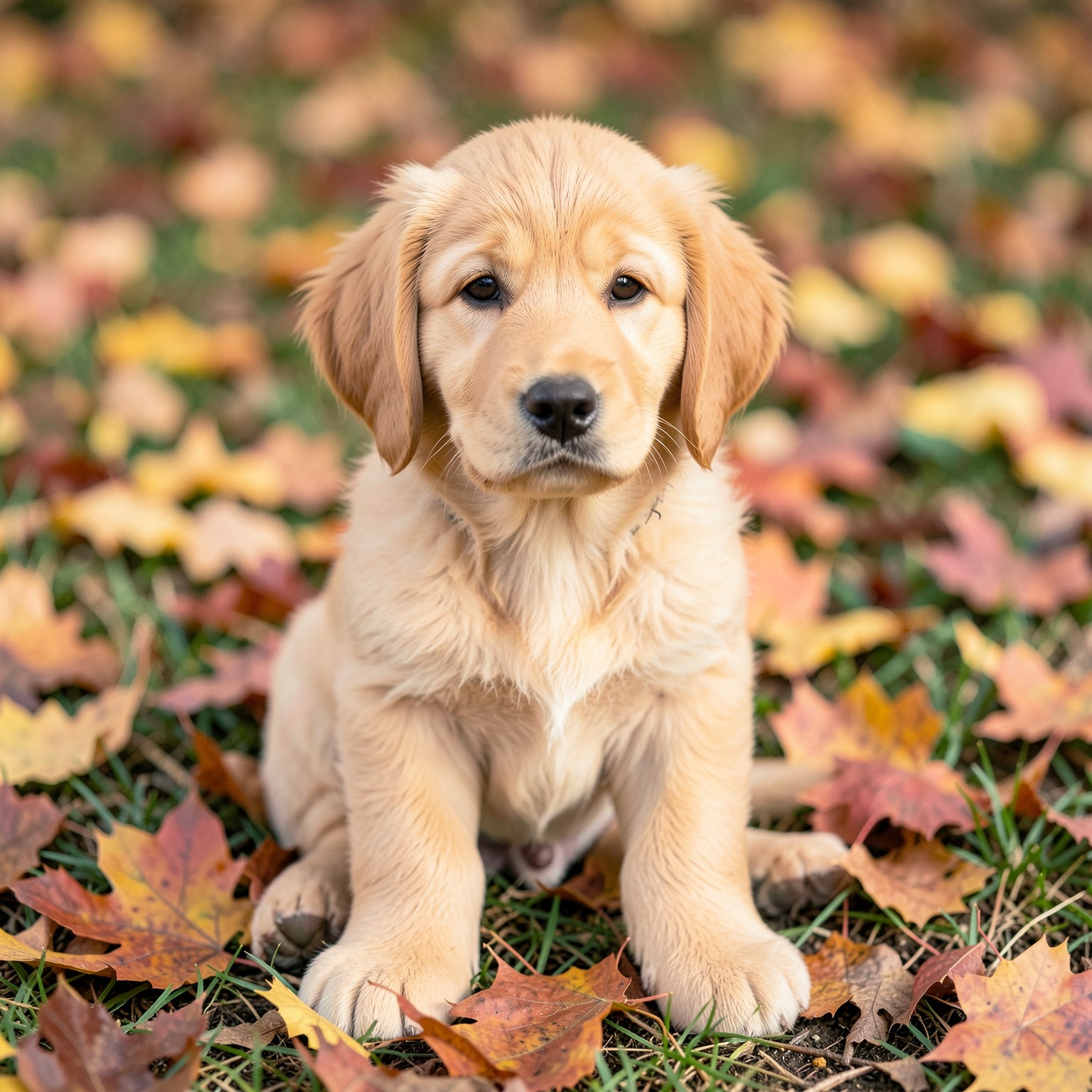 realistic golden retriever puppy in autumn