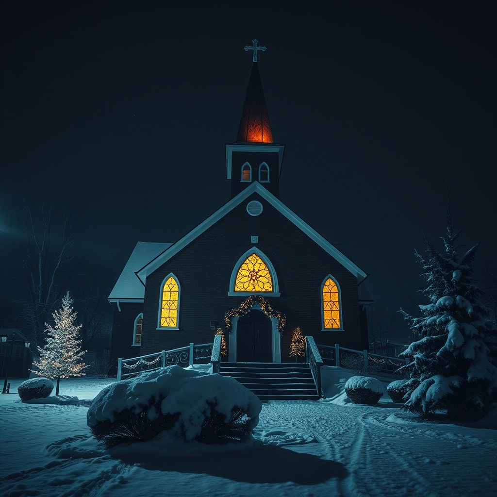 snowy christmas church at night, glowing windows, cinematic mood