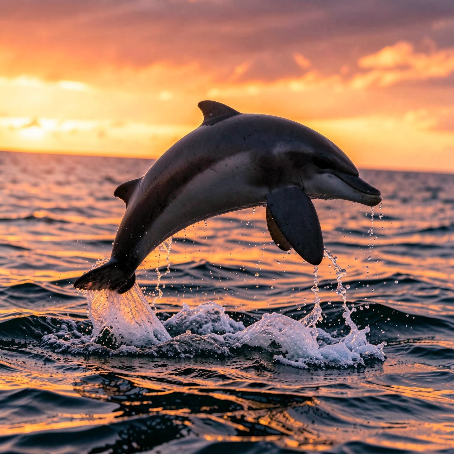 realistic dolphin jumping through sunset waves