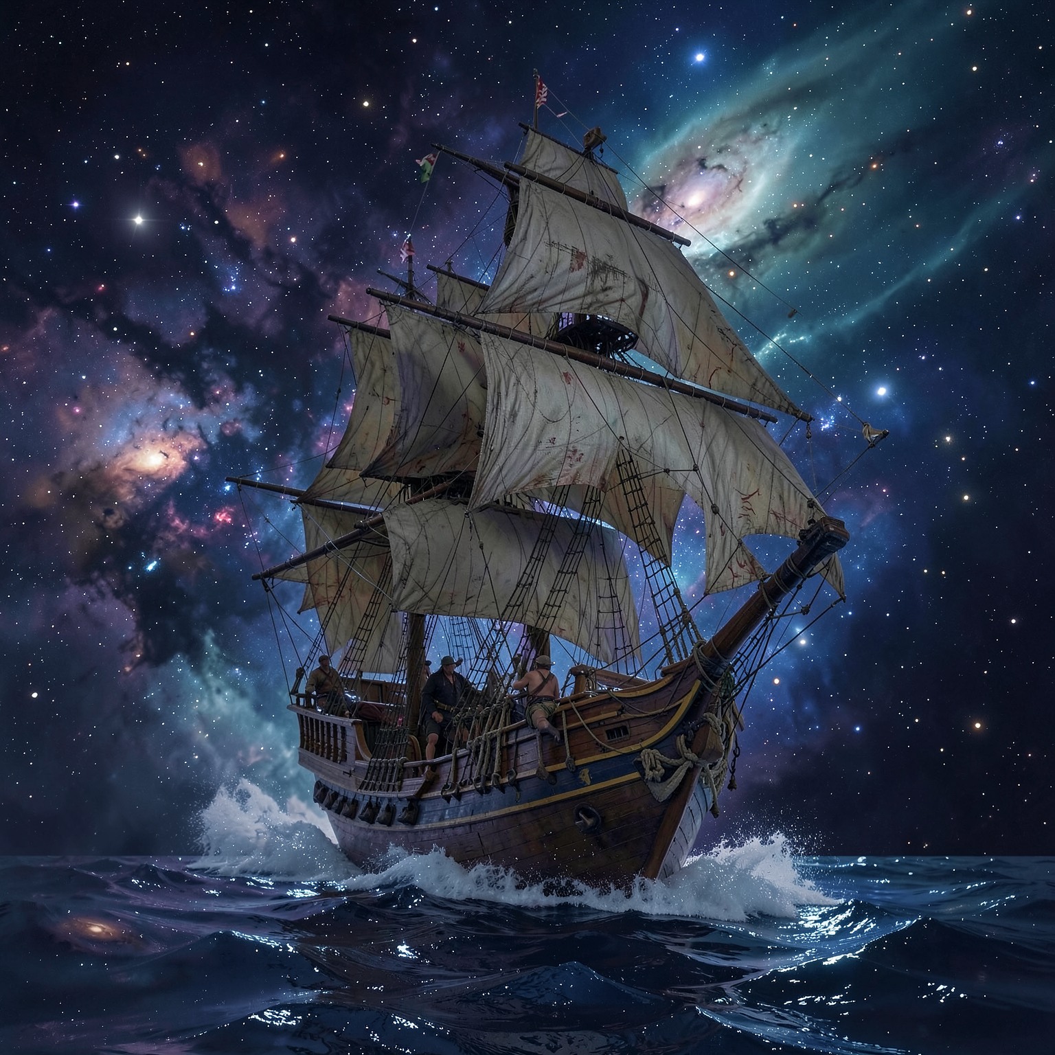 Pirate ship sailing through space nebula instead of ocean