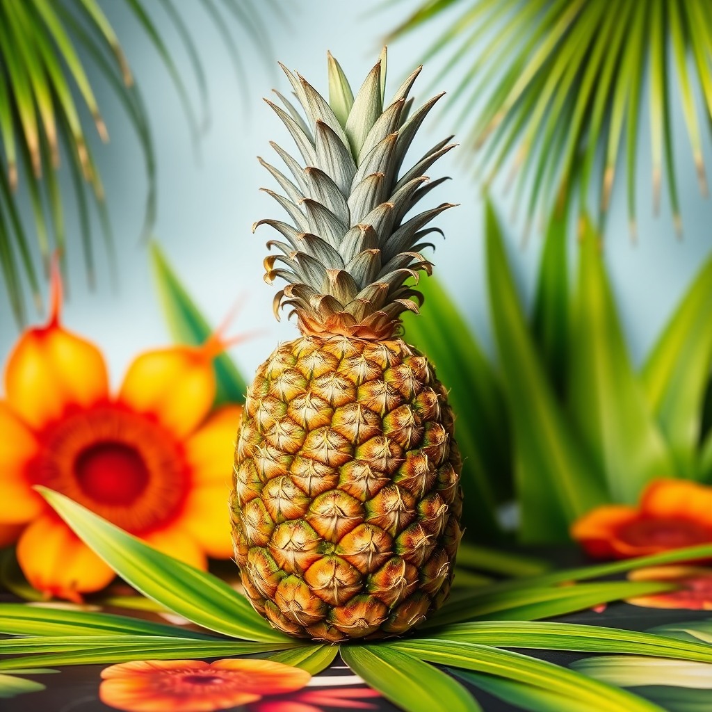 fresh pineapple on tropical background, bright colors, studio light
