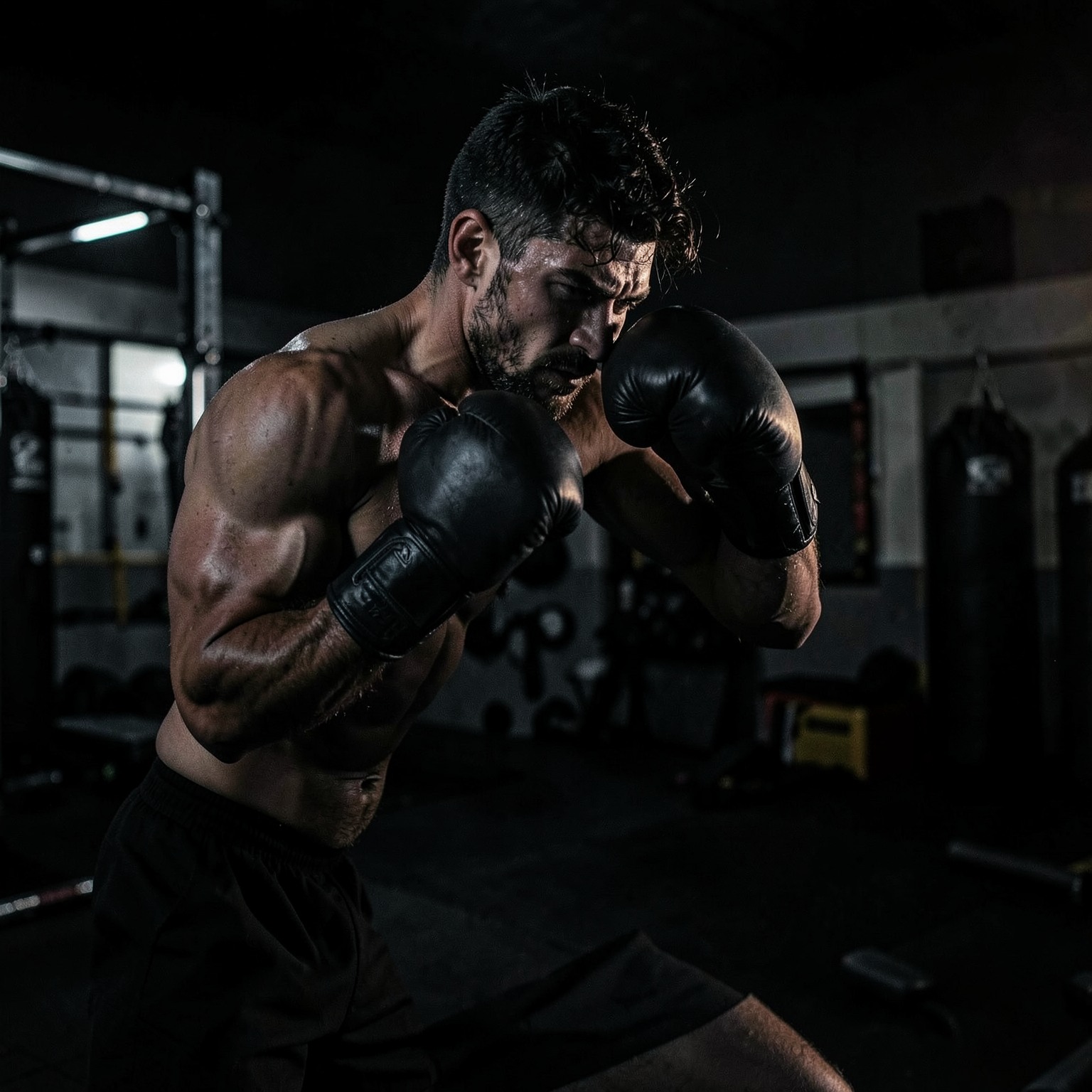 realistic boxer training in dark gym cinematic lighting