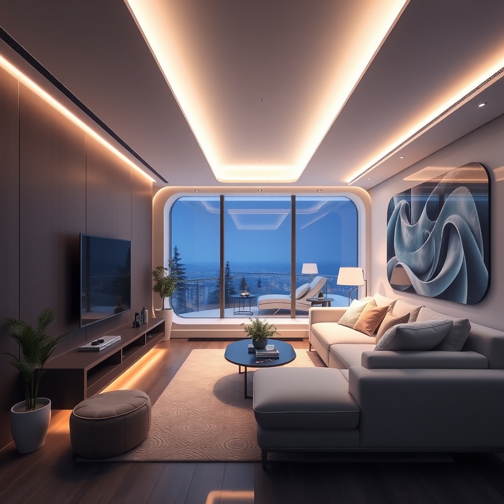 futuristic smart home interior, clean lines, ambient lighting
