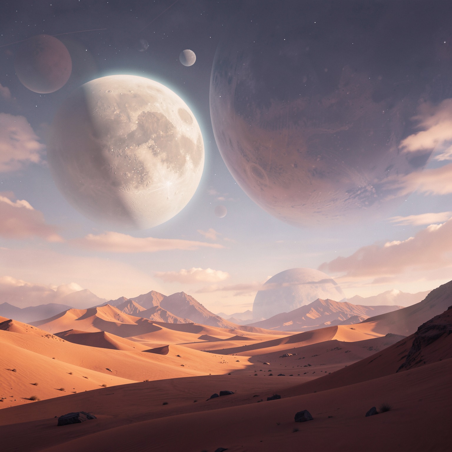 dreamlike surreal desert with giant floating moons