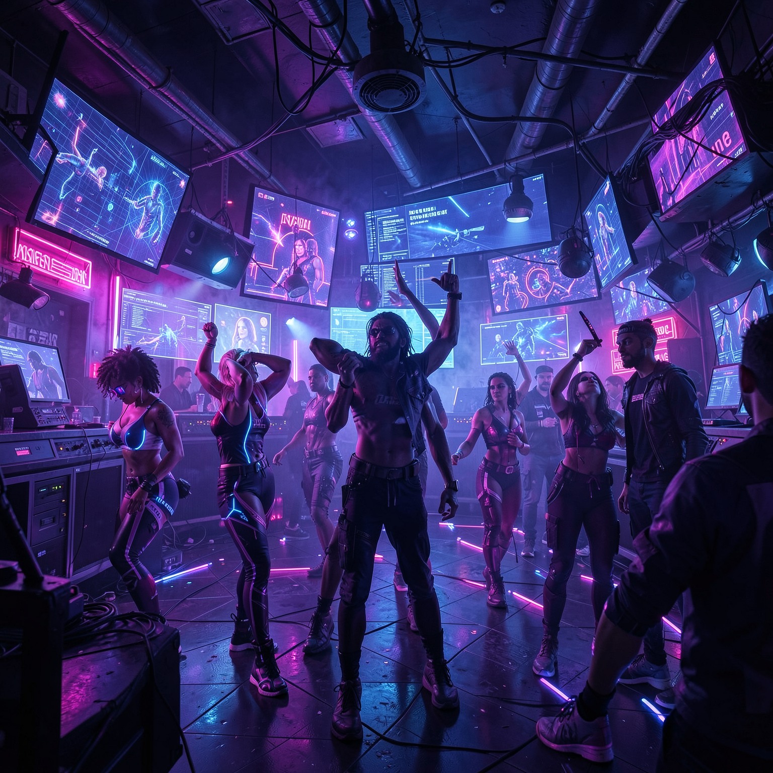 cyberpunk nightclub with neon dancers and holographic screens