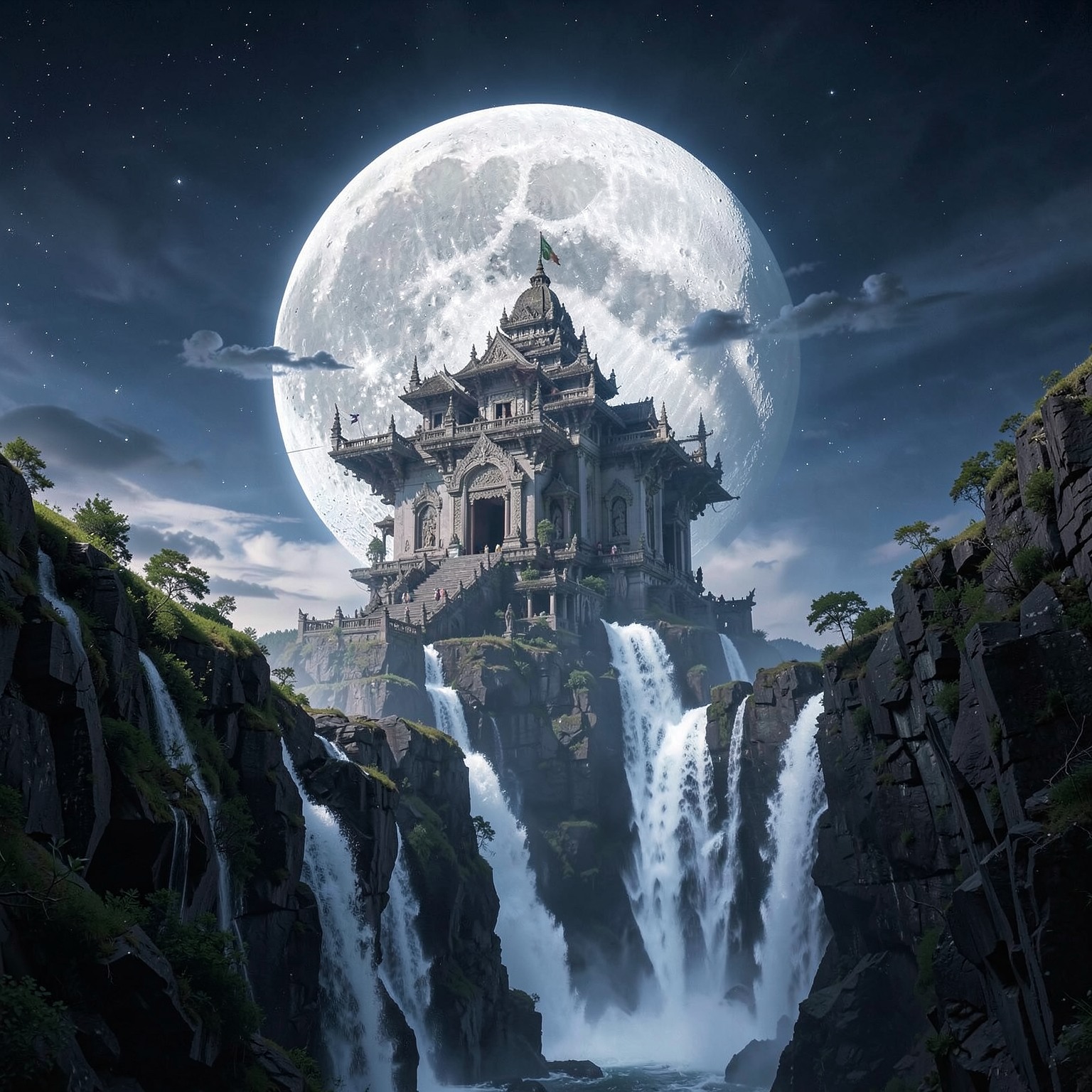 Giant moon temple floating above waterfall cliffs