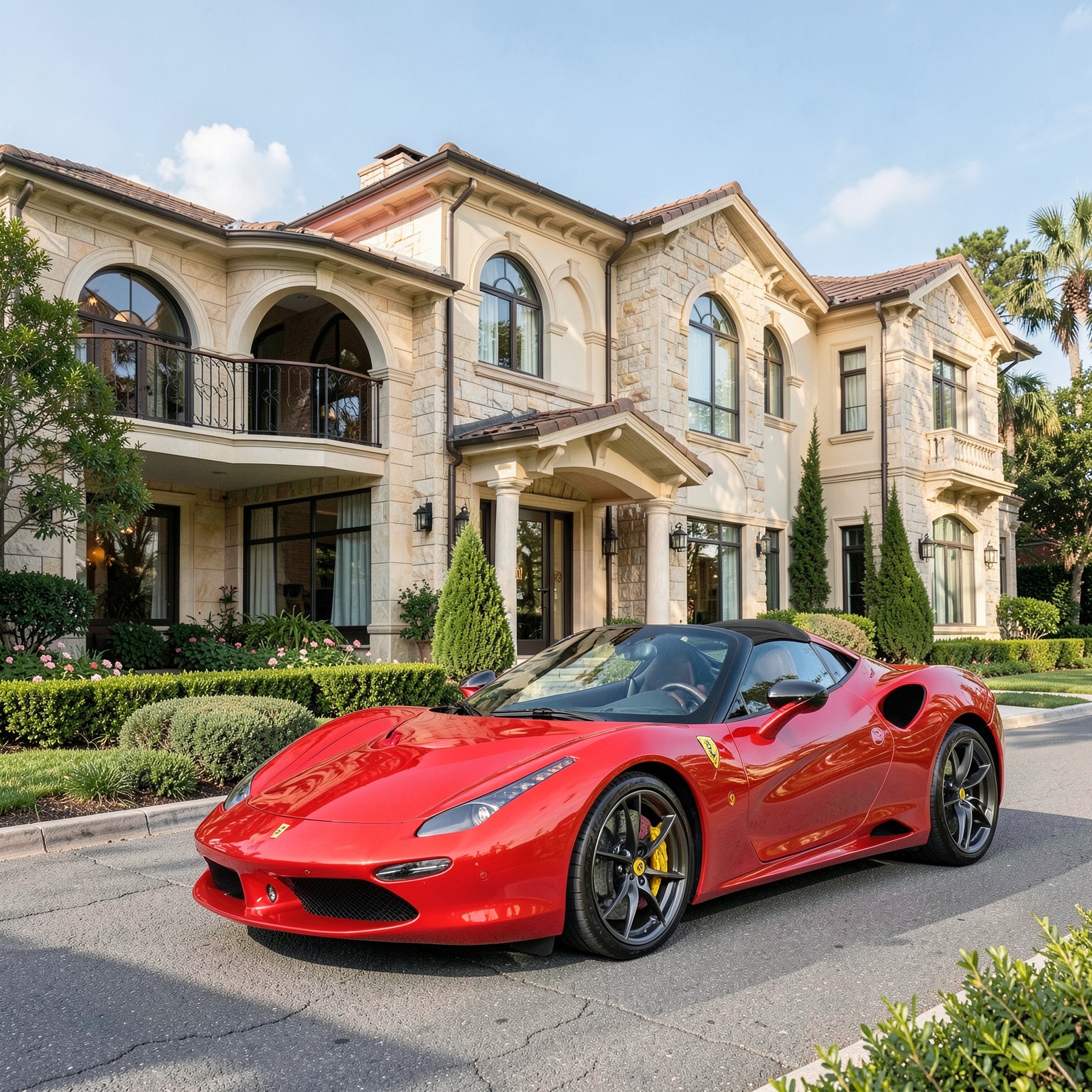 hyper realistic Ferrari outside luxury mansion