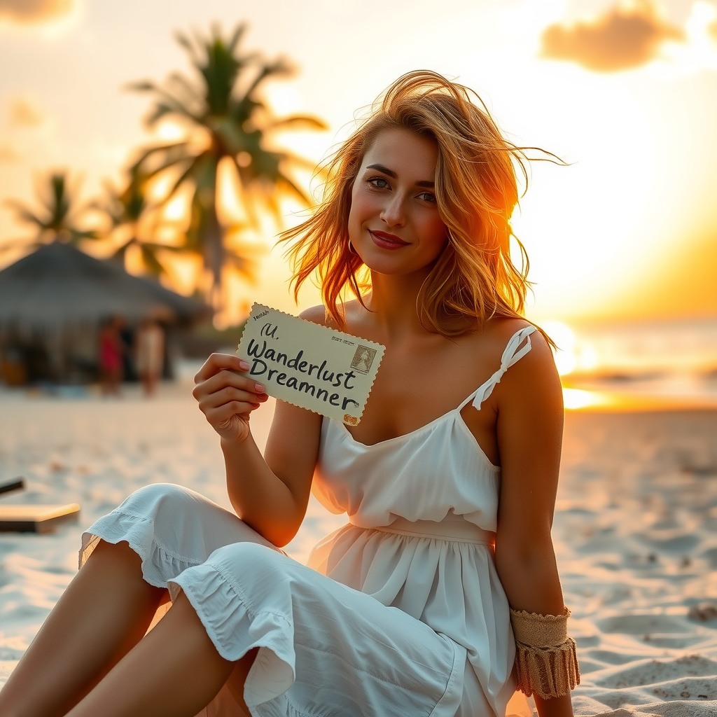 A bohemian-style female travel blogger with sun-kissed skin and messy beach waves, sitting on a tropical beach at sunset. She’s wearing a flowy white sundress and holding up a weathered postcard with “/u/WanderlustDreamer” scrawled on it. Golden hour lighting bathes the scene in warm tones.