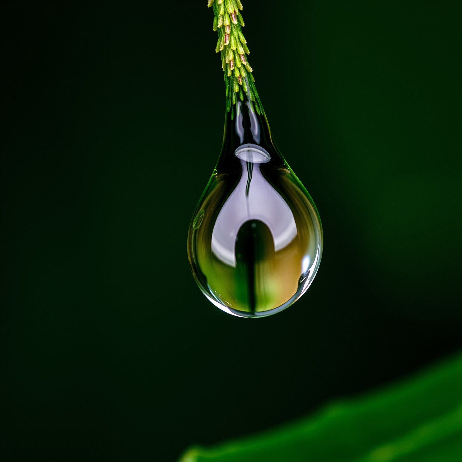 Close-up macro shot of a raindrop on a leaf, showcasing nature's beauty.