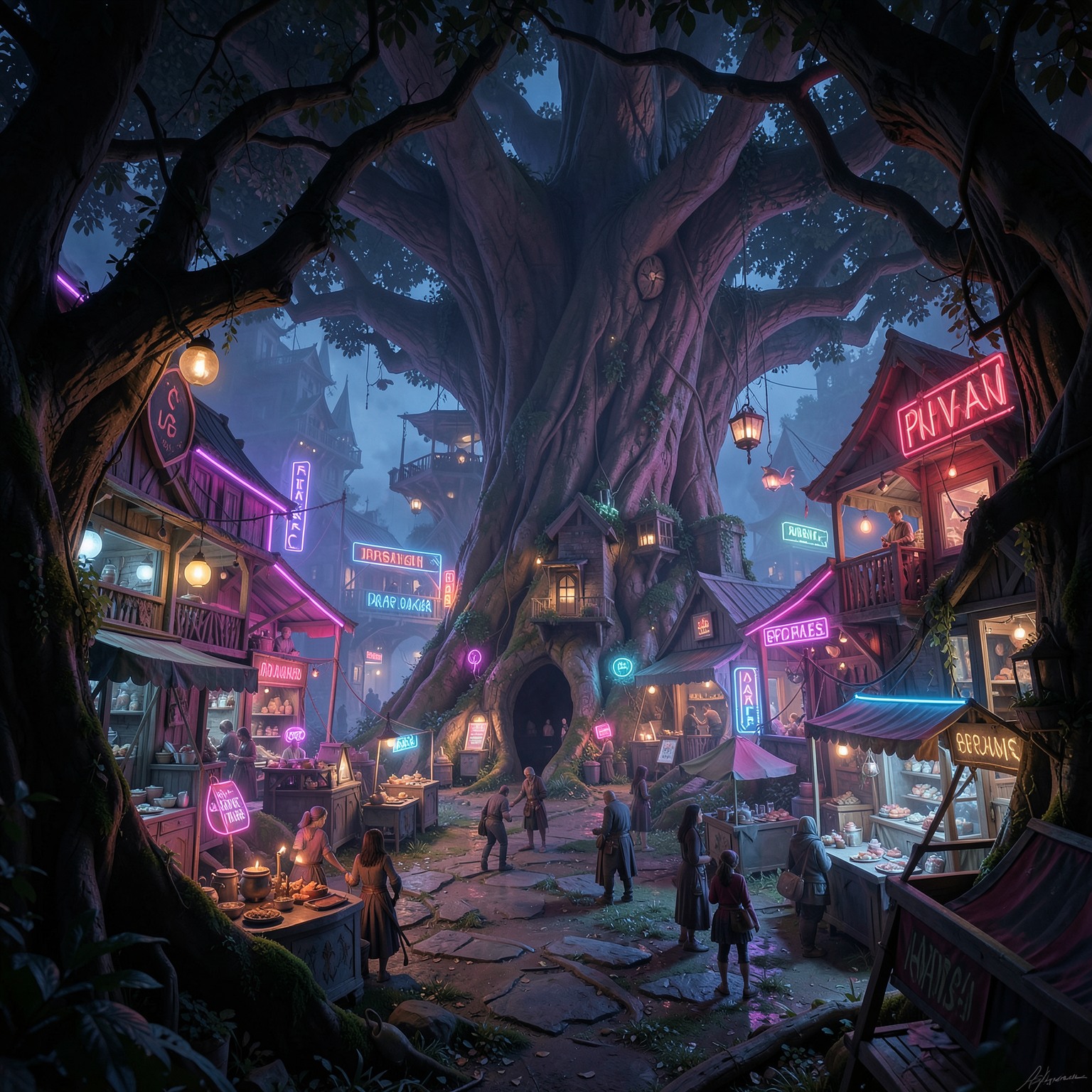 Fantasy marketplace inside giant hollow tree, ultra detailed worldbuilding, neon noir, neon glow, mysterious