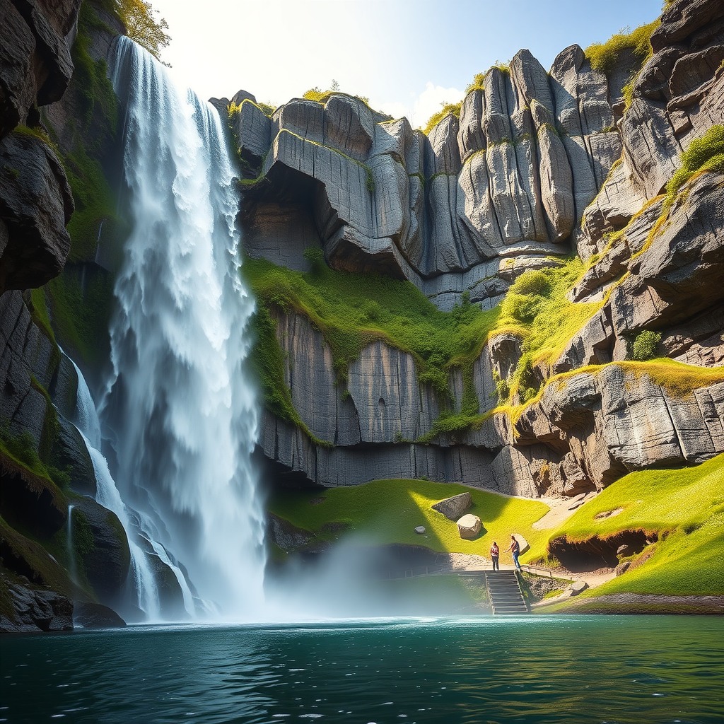 Photo-realistic editorial photography, realistic scene representing waterfall cliff