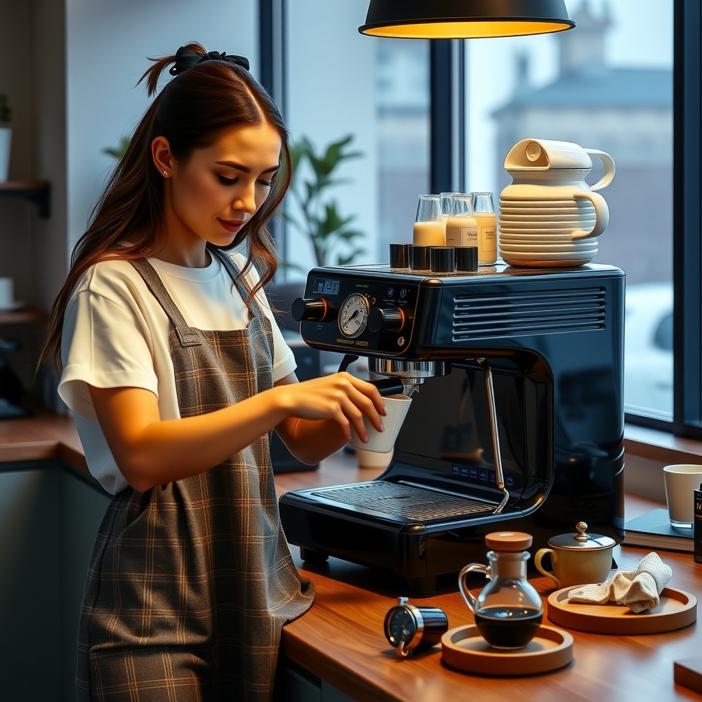 Photo-realistic editorial photography, realistic scene representing a woman preparing coffee with espresso machine