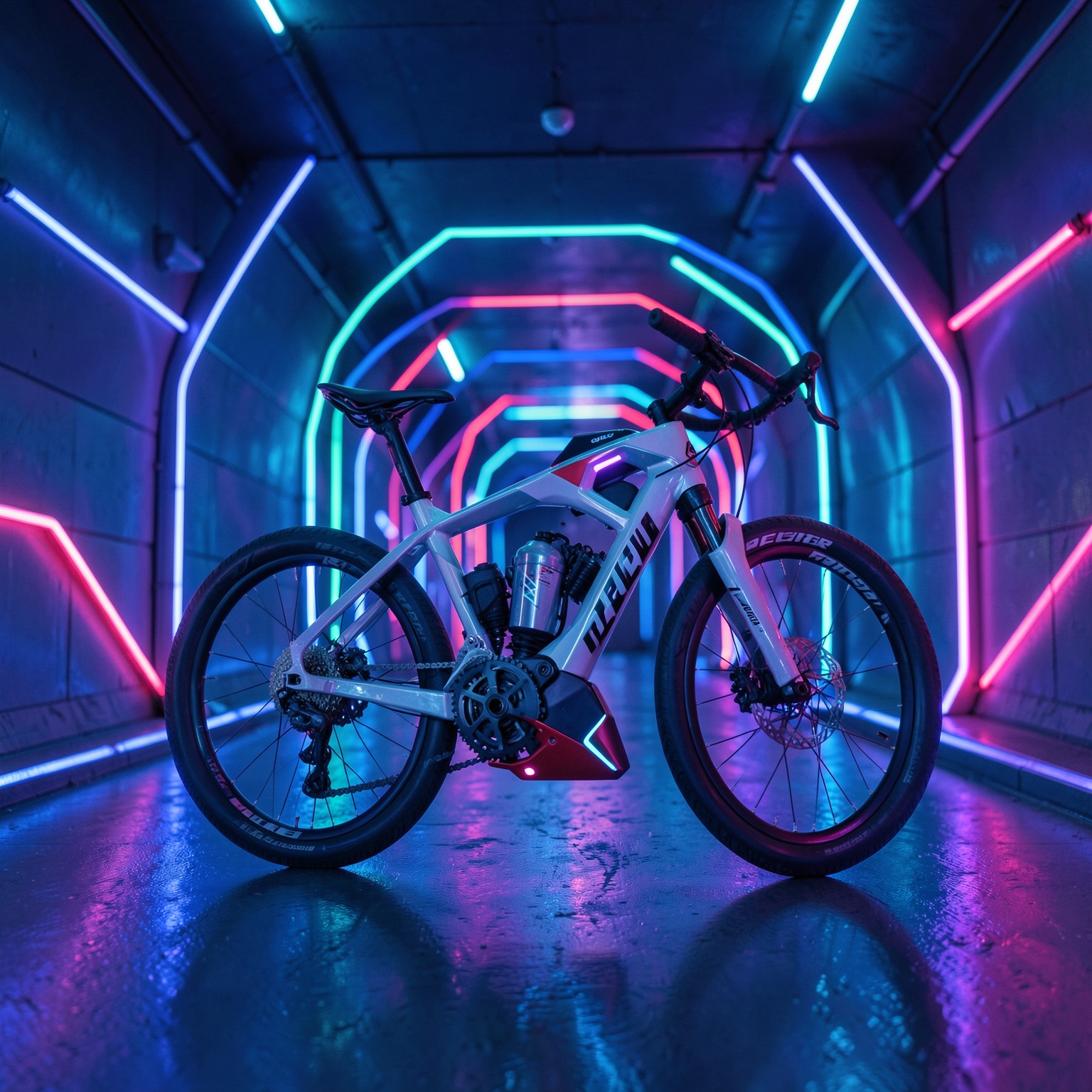 Futuristic racing bike in neon tunnel