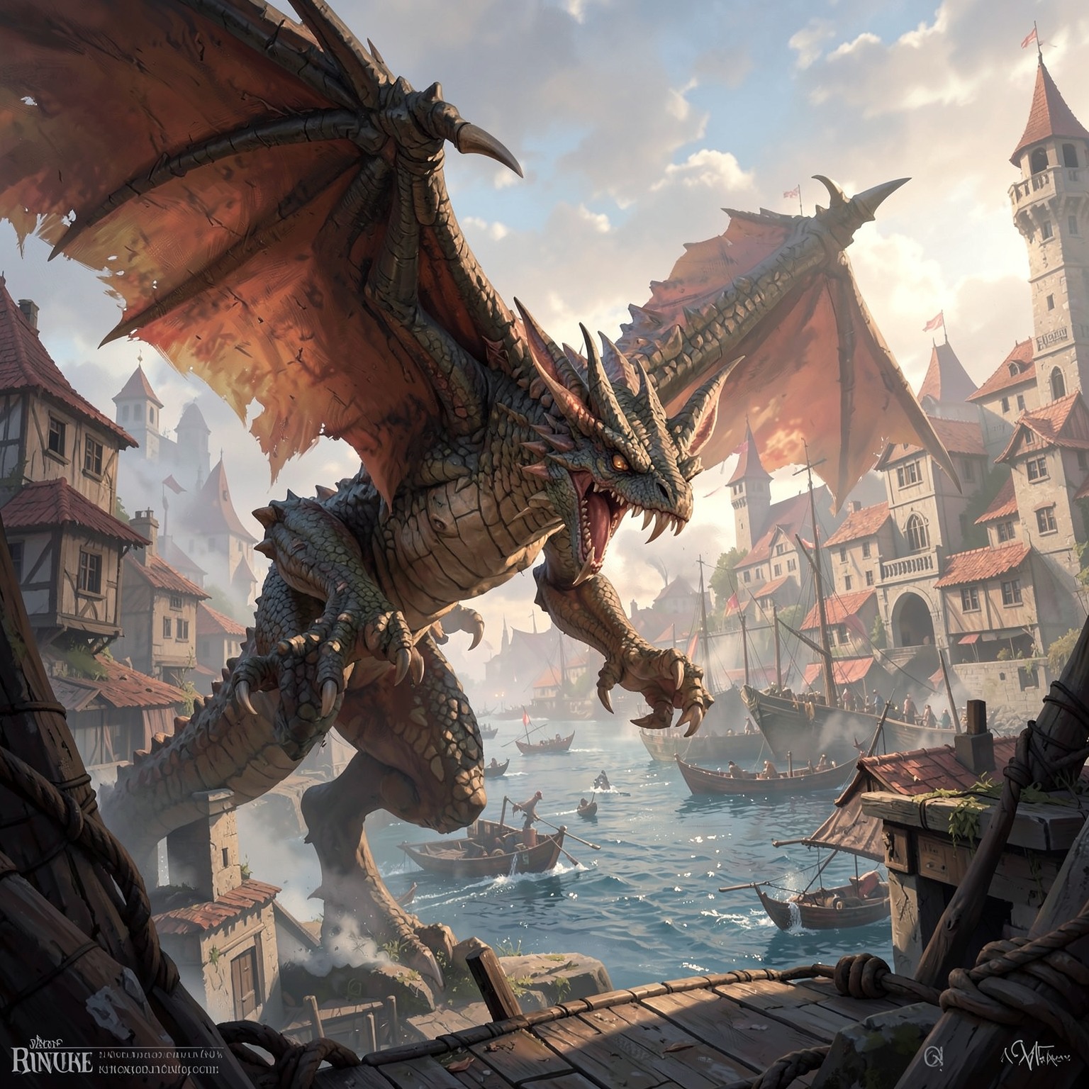 Dragon attacking medieval harbor city