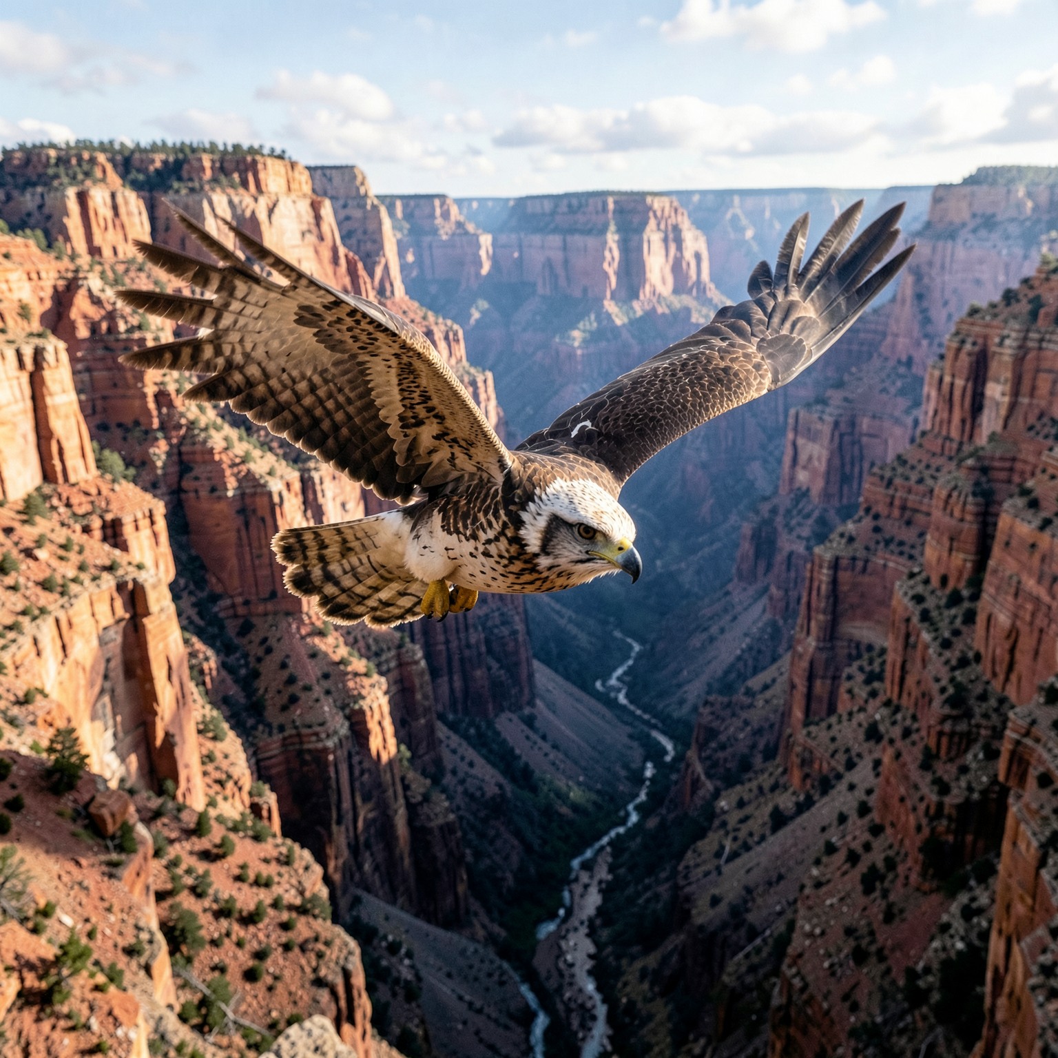 realistic falcon flying through canyon