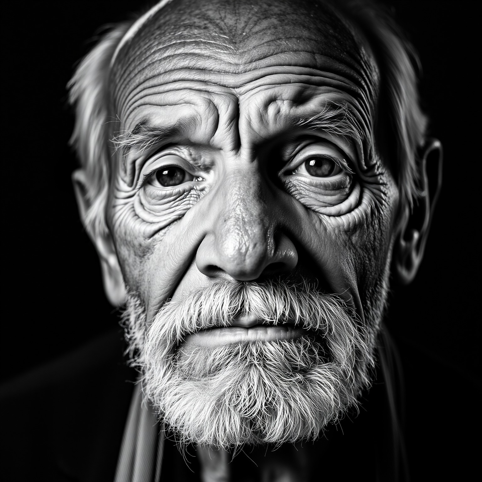 A striking black and white portrait of an elderly man with deep wrinkles and expressive eyes, conveying wisdom and life experience, with dramatic lighting enhancing the features.