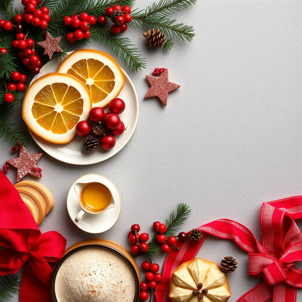 christmas food flat lay, festive colors, top-down photography