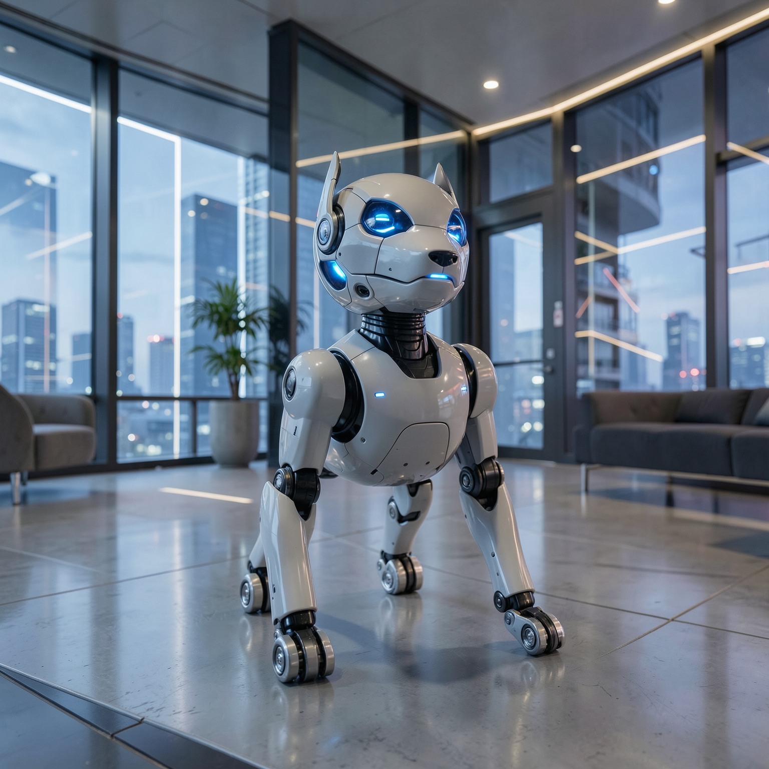 AI robot dog in futuristic apartment