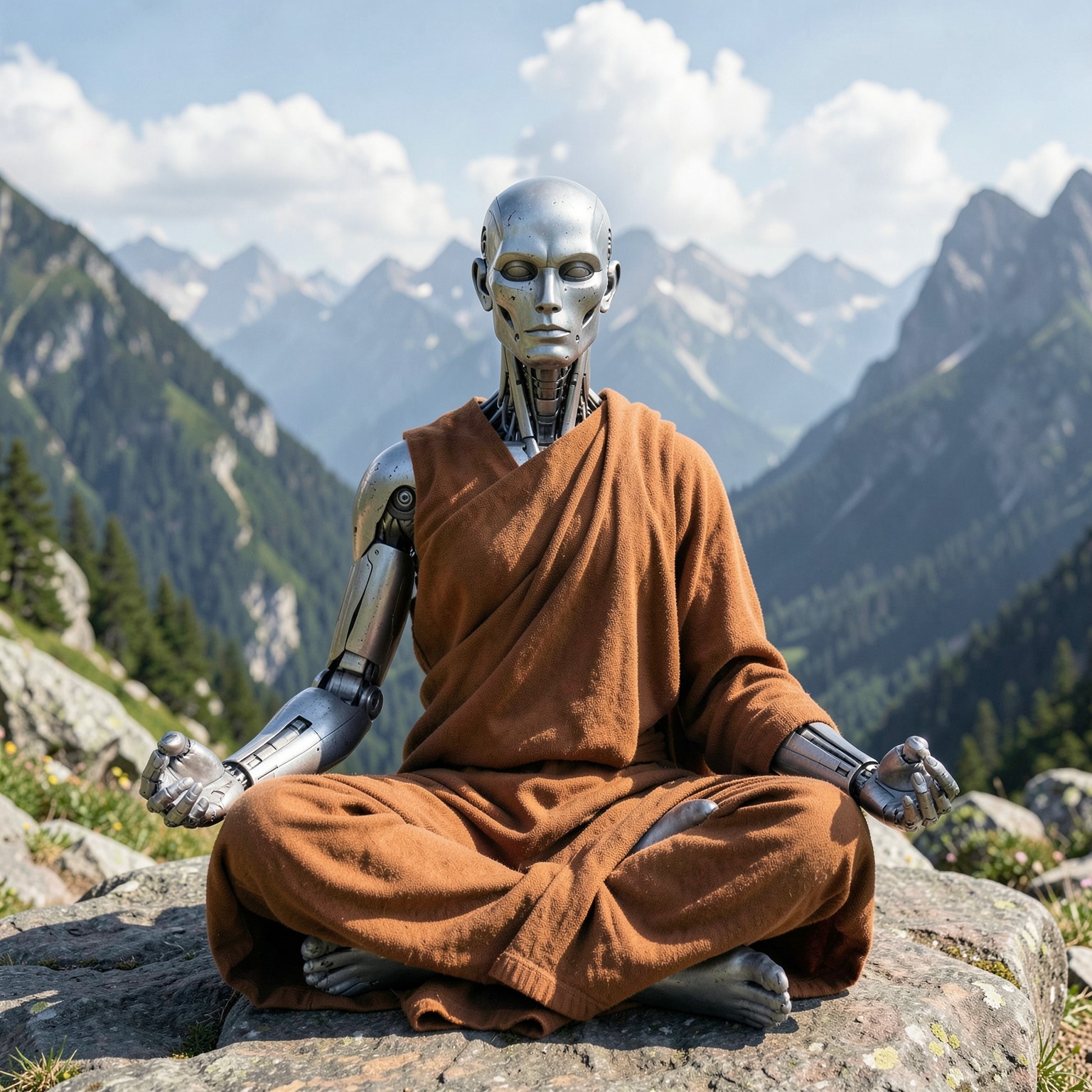 realistic robot monk meditating in mountains