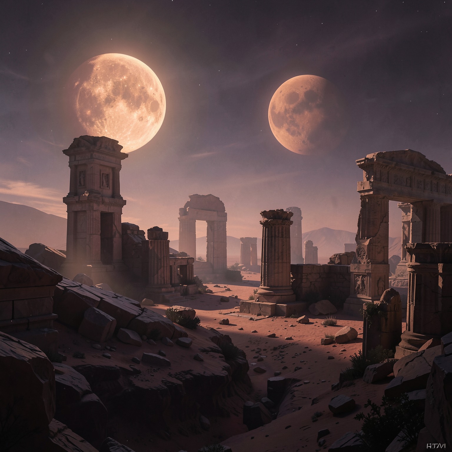 Ancient ruins on another planet with two suns