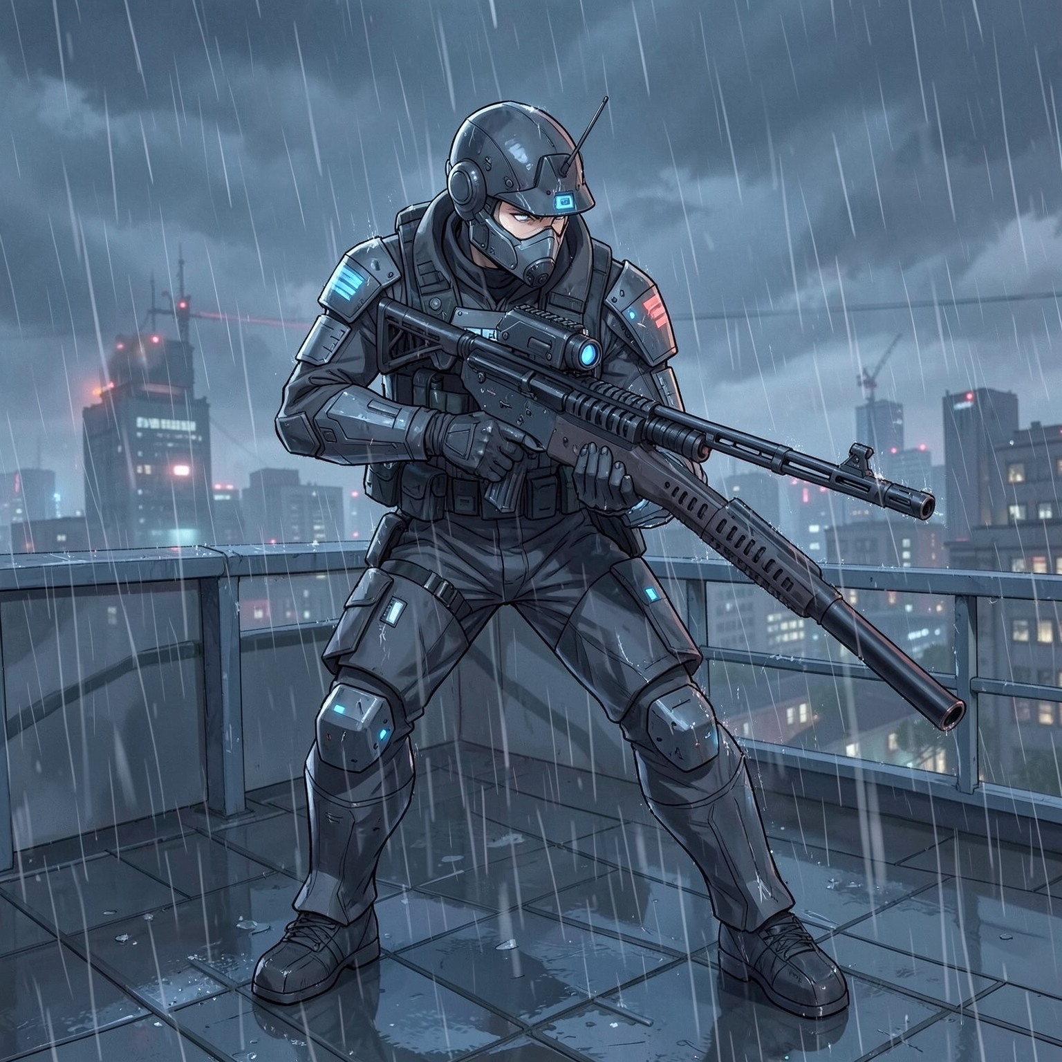 anime cyberpunk sniper on rooftop during rain