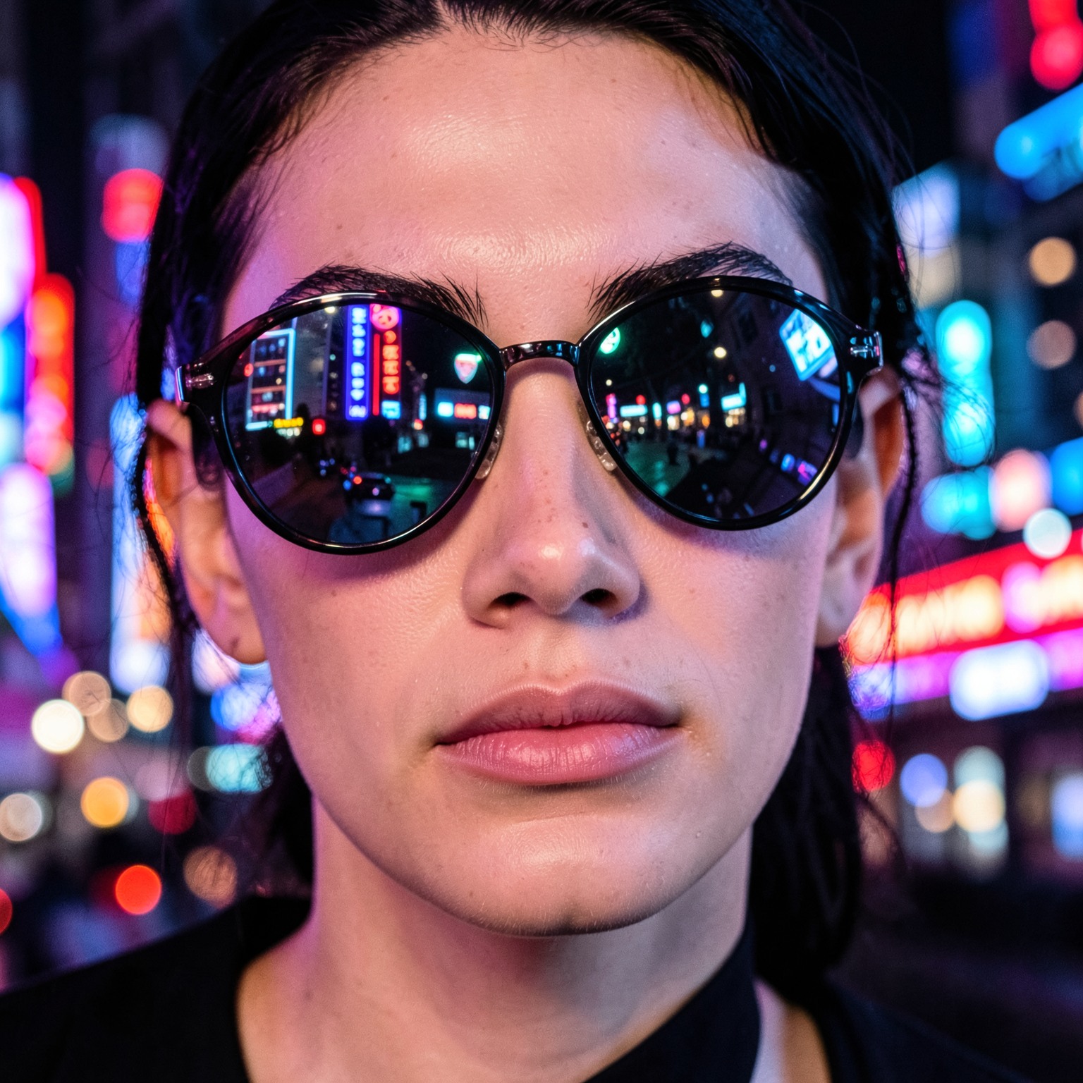 Fashion close-up with reflective sunglasses and neon city lights in background