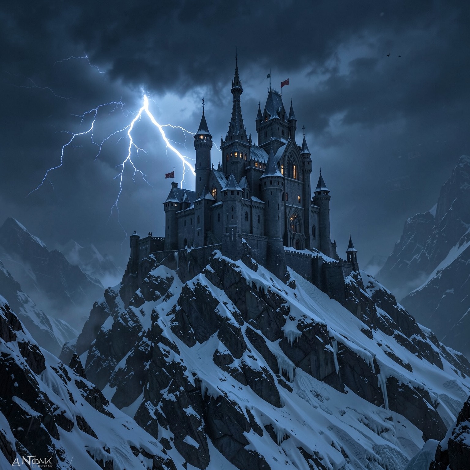 dark fantasy castle on top of icy mountain during thunderstorm