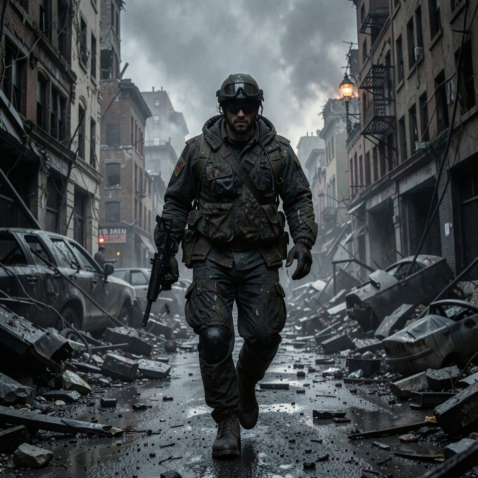 Apocalypse survivor walking through ruined New York