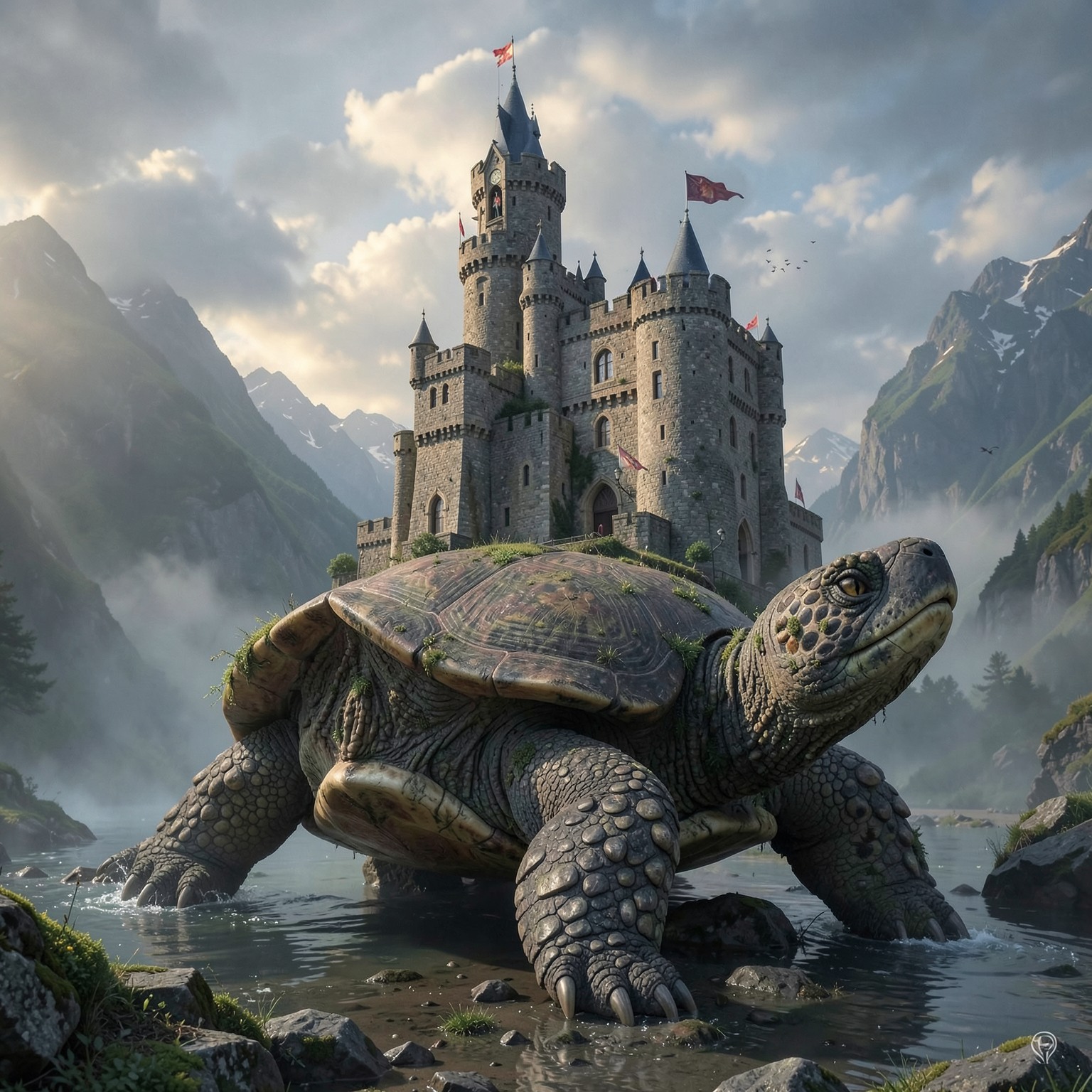 medieval castle on back of giant turtle